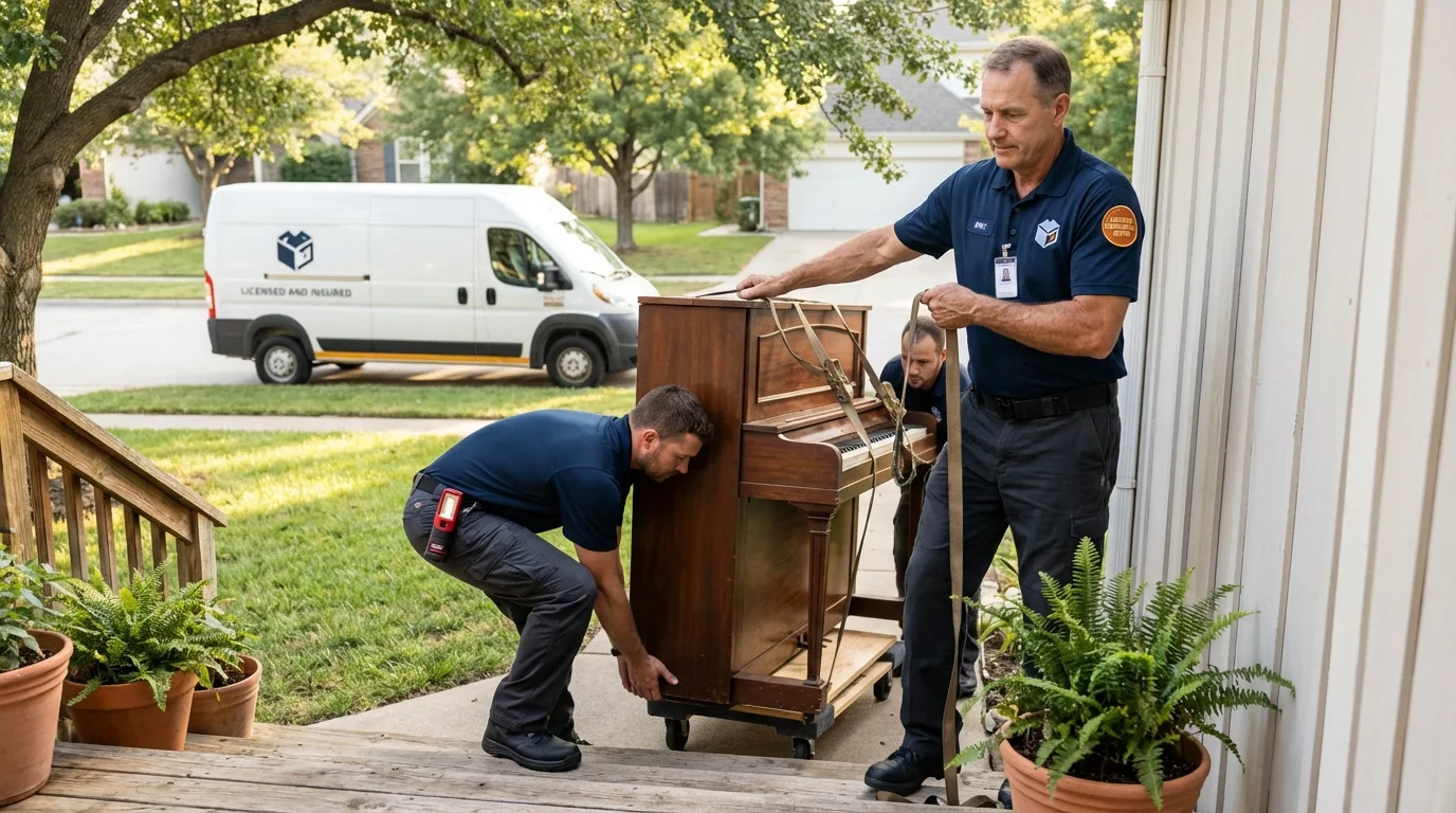 Licensed piano movers securing grand piano in Antigo, WI