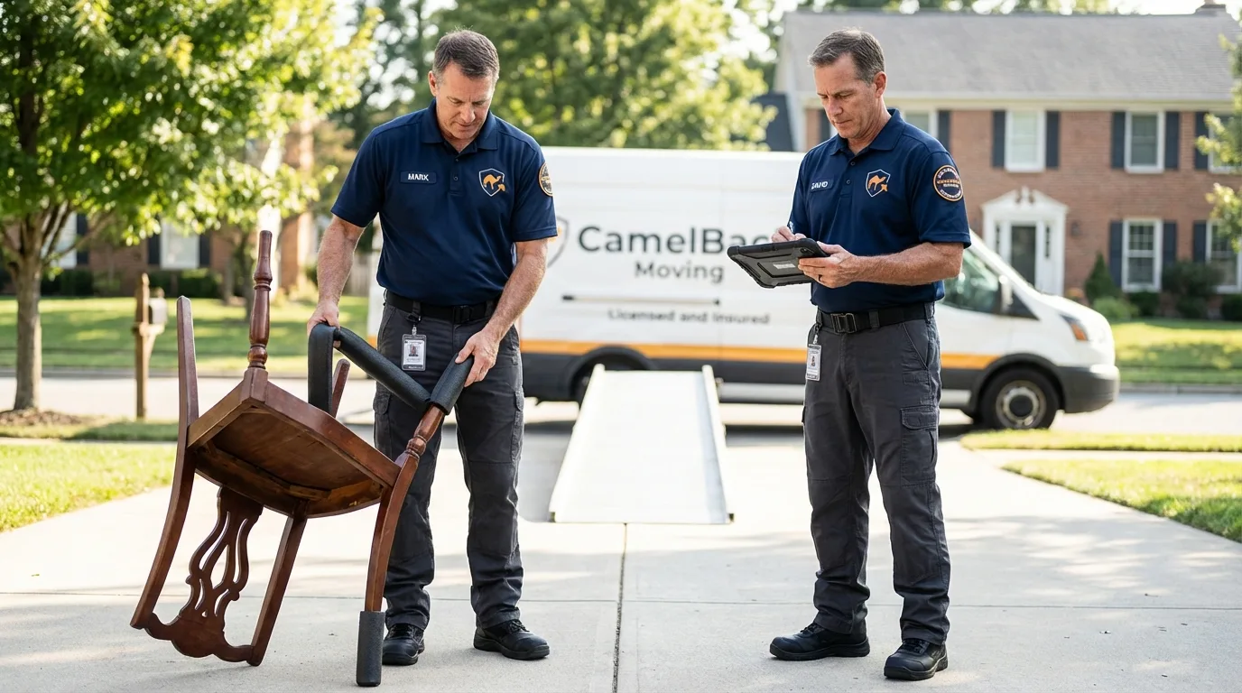 Movers inspecting furniture for damage prevention before loading in Antigo, WI