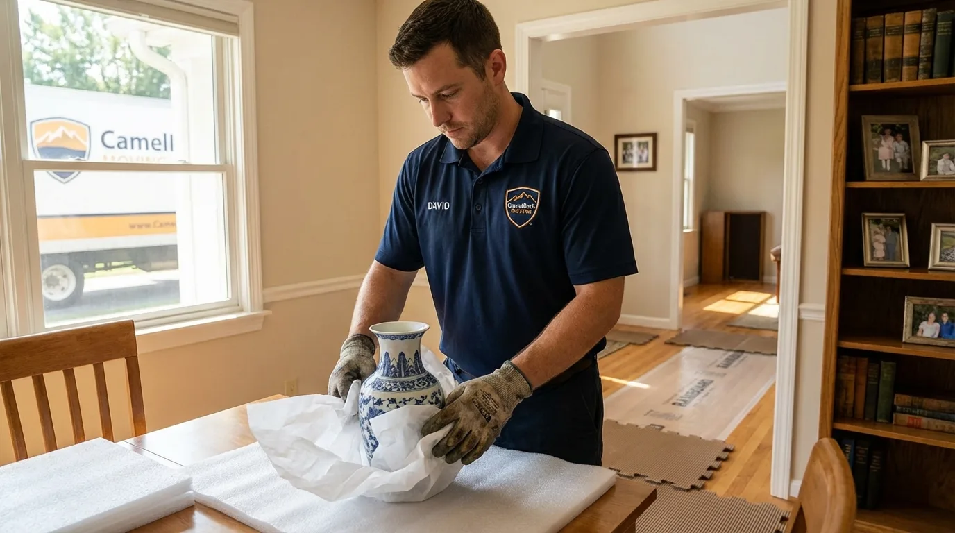 Professional crew carefully wrapping antique vase for senior downsizing move in Antigo, WI